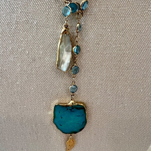 One of a kind Turquoise, Baroque Pearl & Aquamarine Lariat Necklace - Picture 4 of 9